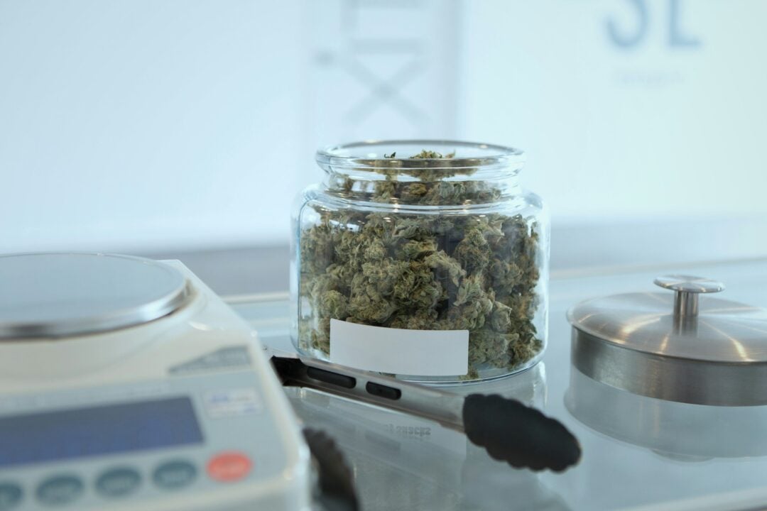 jar of cannabis buds next to scale
